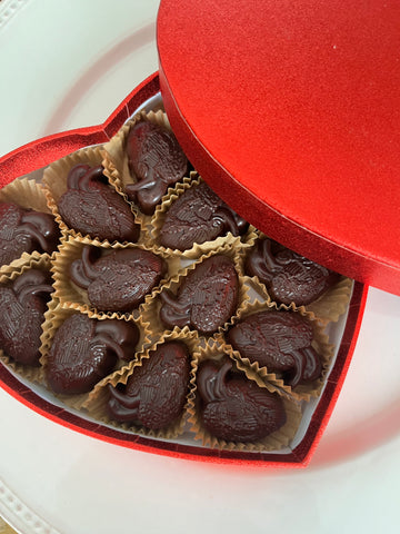 Pomegranate Caramel Filled Dark Chocolate Corazones